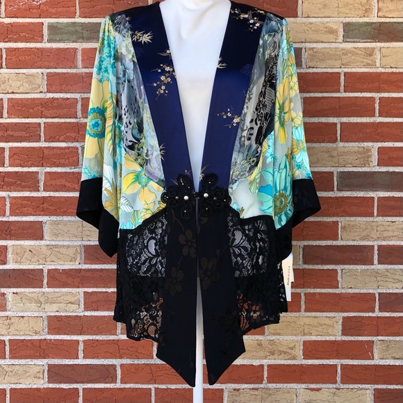 Spencer Alexis Jackets & Blazers - 👘 NWT Vintage Spencer Alexis Asian Inspired Silk Lace Black Blue Kimono Jacket